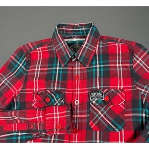 Superdry Co. Premium Shirt Mens L Red Plaid Flannel Button Up Lumberjack-EUC